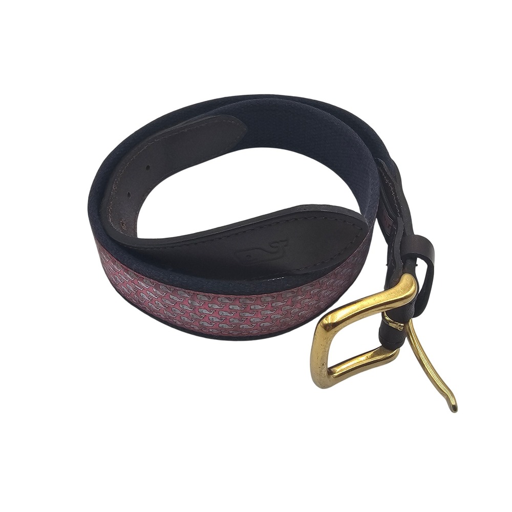 Vineyard Vines Men's Belt 30 Pink All Over Whale Canvas Club Leather Brass USA